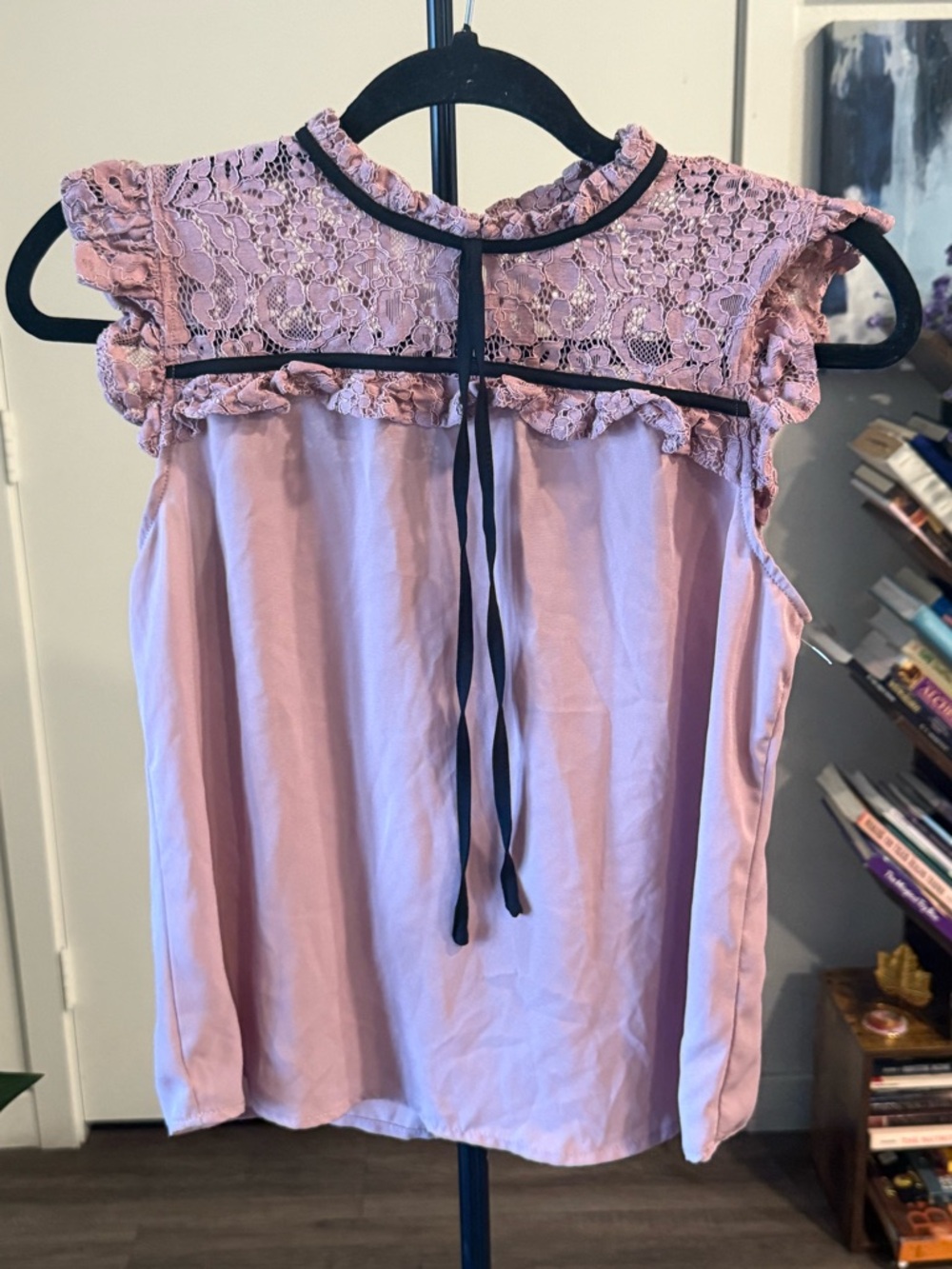 Active USA Blush Pink Lace Yoke Ruffle Shell with Black Tie